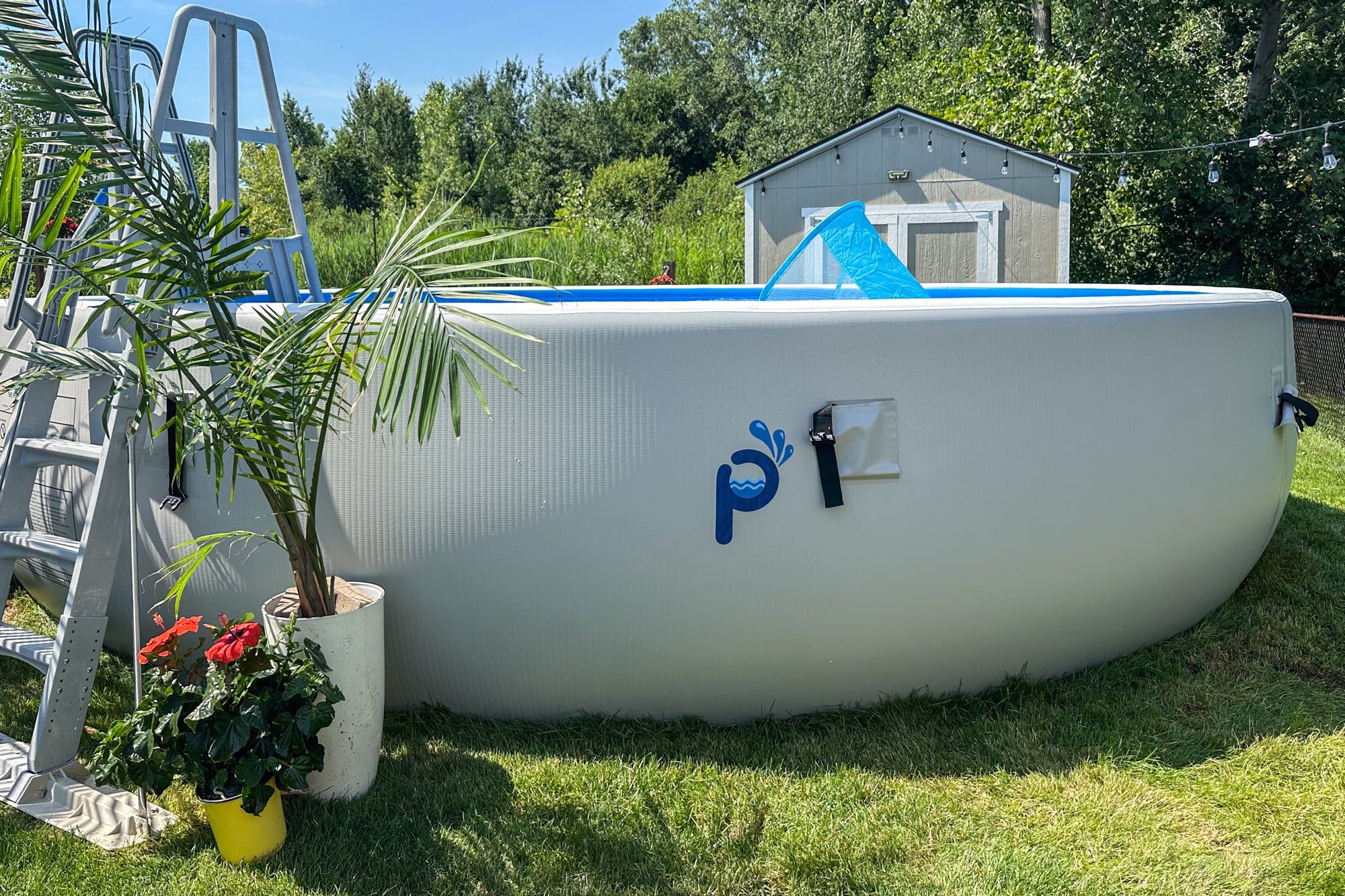 Portable inflatable Perfect Pool with Perfect Stabilized ladder and plants on grass