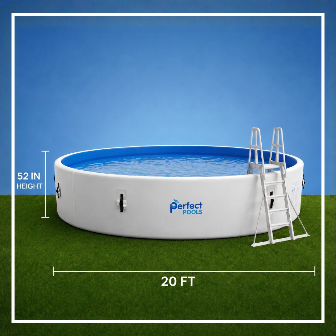 20-ft-Round Drop-stitch Perfect Pool with ladder on grass against a blue sky.