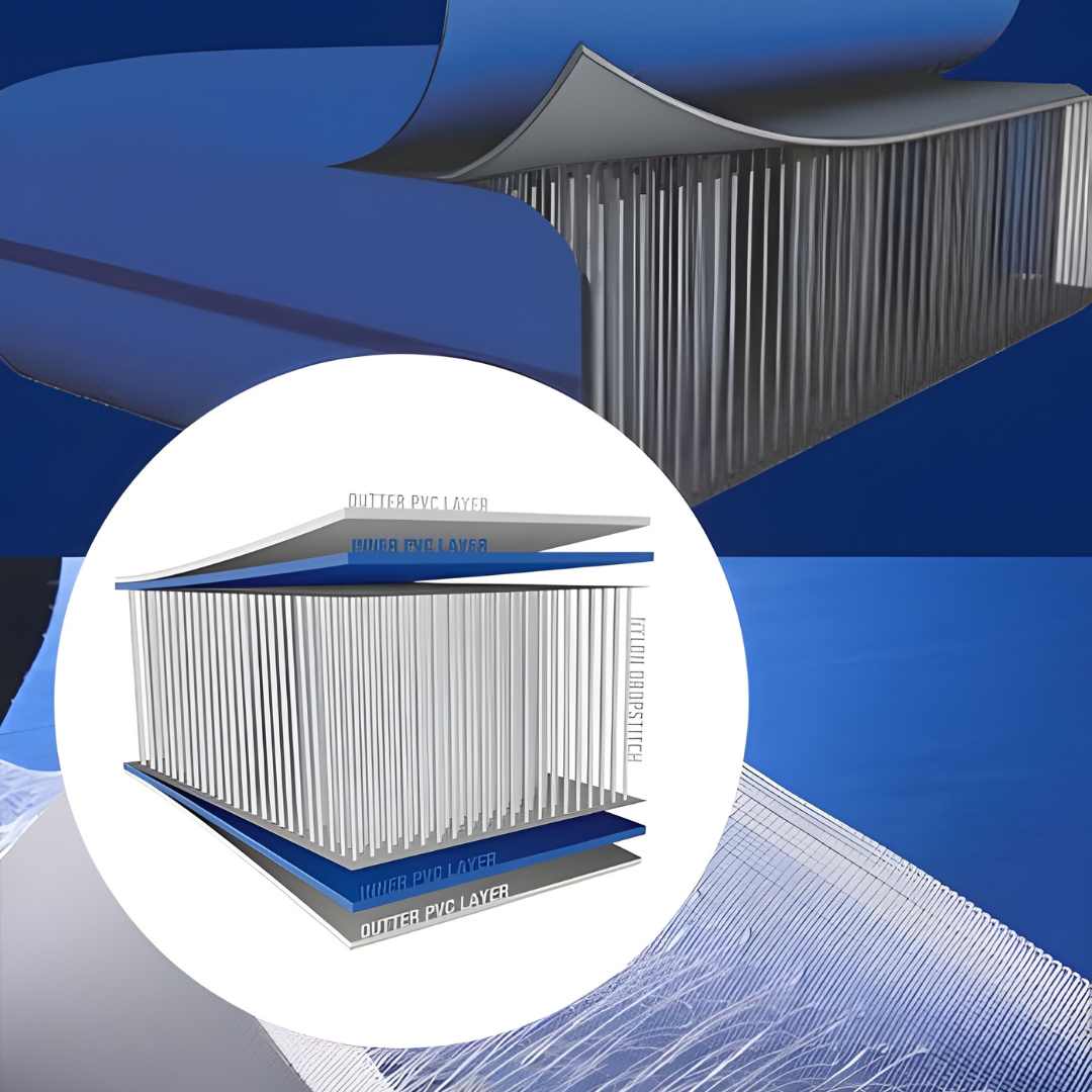 Cutaway diagram of Perfect Pool’s multi‑layer drop‑stitch construction showing outer and inner PVC layers with internal drop‑stitch pillars for strength