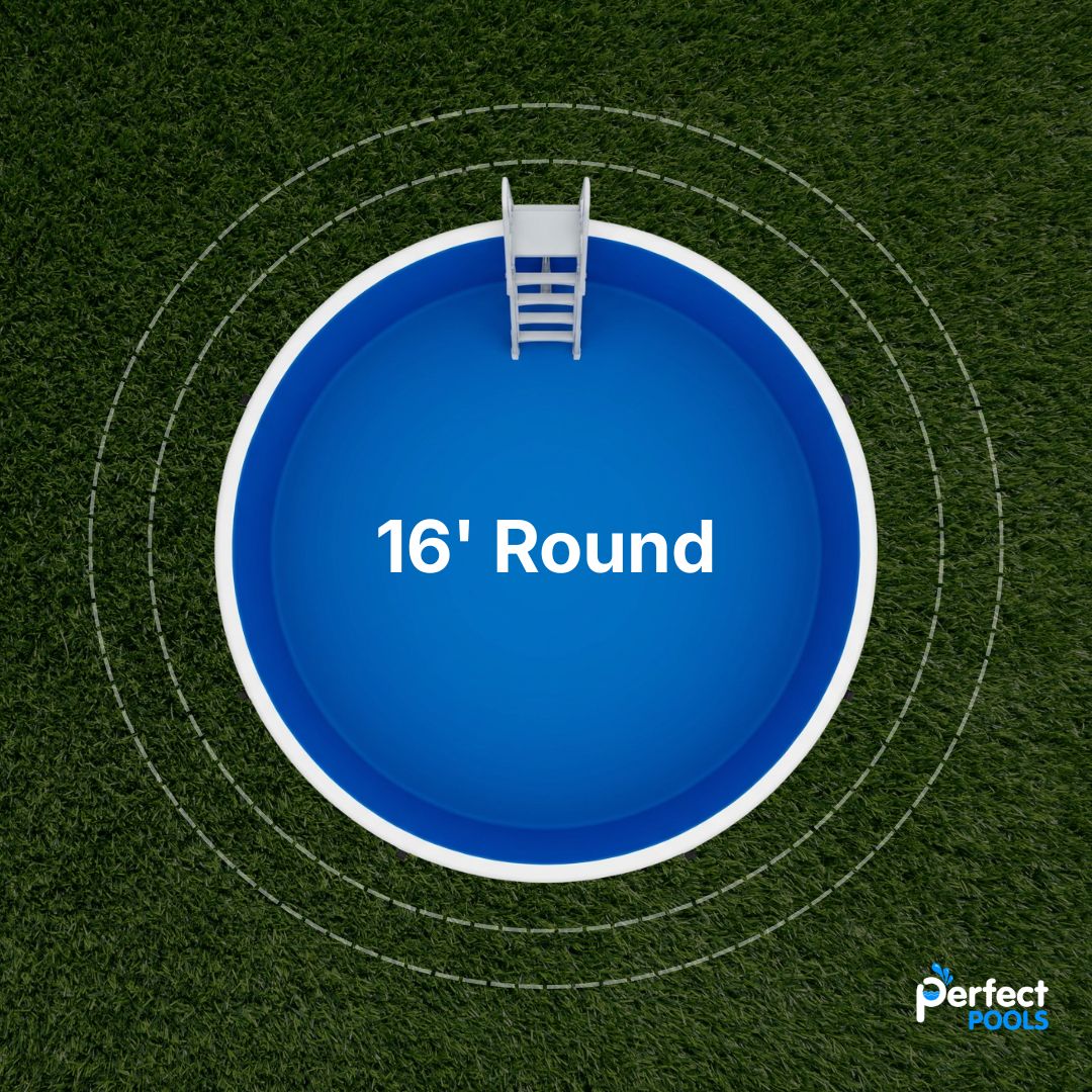 A 16' round pool with a ladder on grass, branded with 'Perfect Pools'.