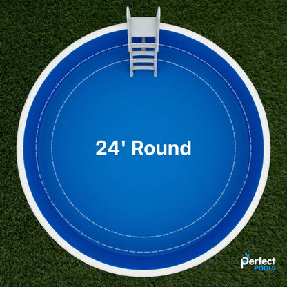 Top-down view of a 24' round pool with a ladder on a green background, branded 'Perfect Pools'.