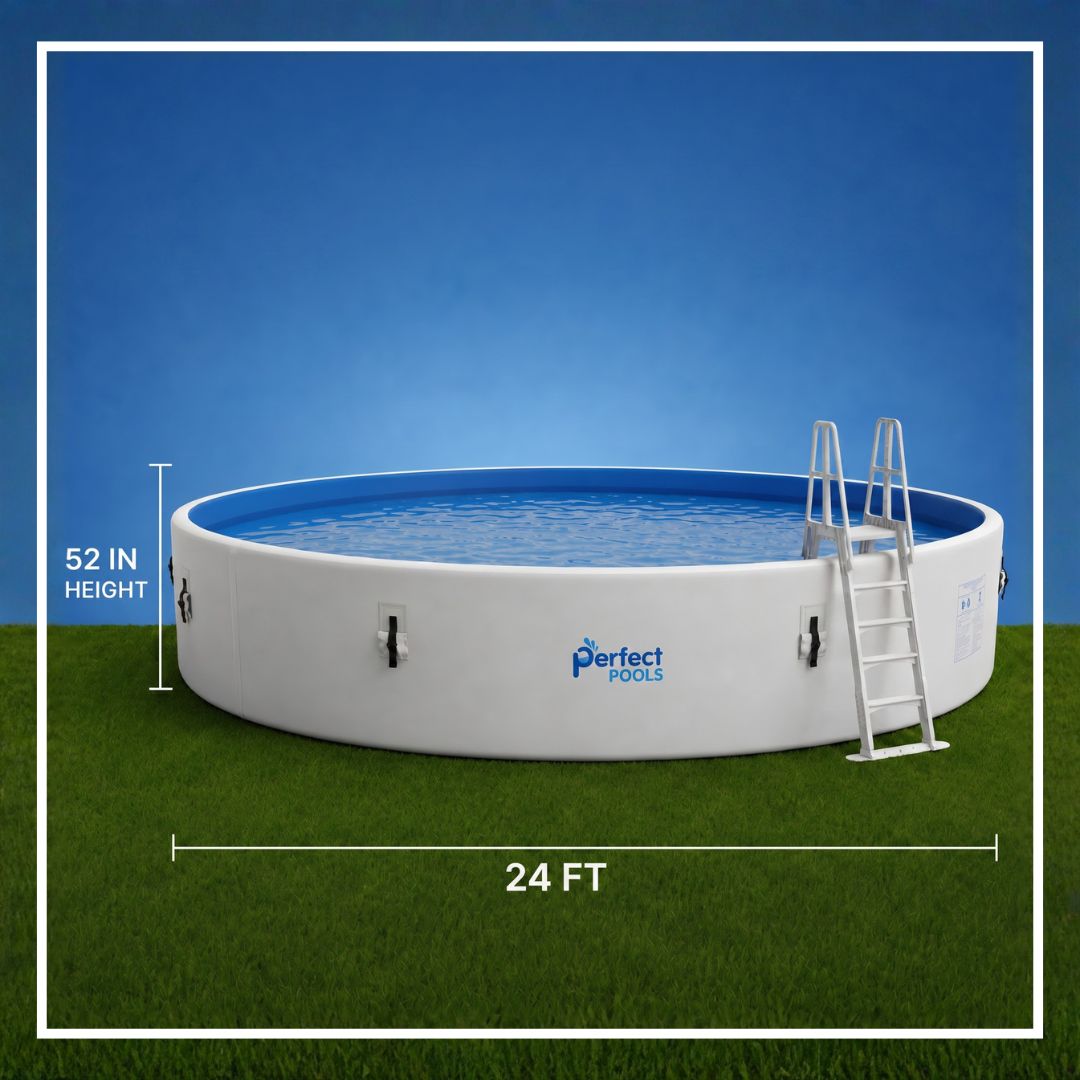 24 ft Perfect Pools display on grass with a blue background