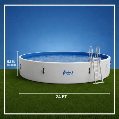 24 ft Perfect Pools display on grass with a blue background