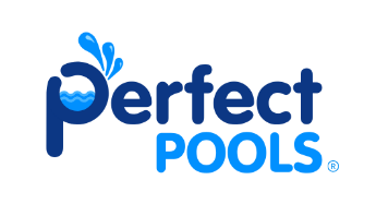 The logo for Perfect Pools, featuring the brand name in dark blue and bright blue text with a water splash graphic above the letter 'P', set against a solid white background.