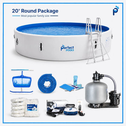 Perfect Pools 20' round pool package with accessories on a white background