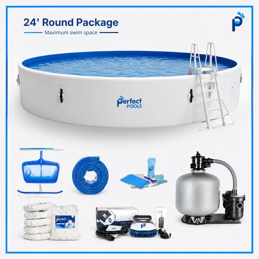 Perfect Pools 24' round pool package with accessories on a white background