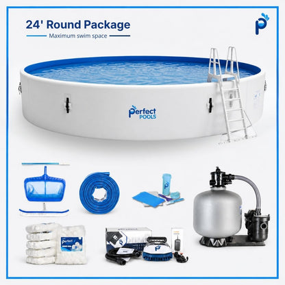 Perfect Pools 24' round pool package with accessories on a white background