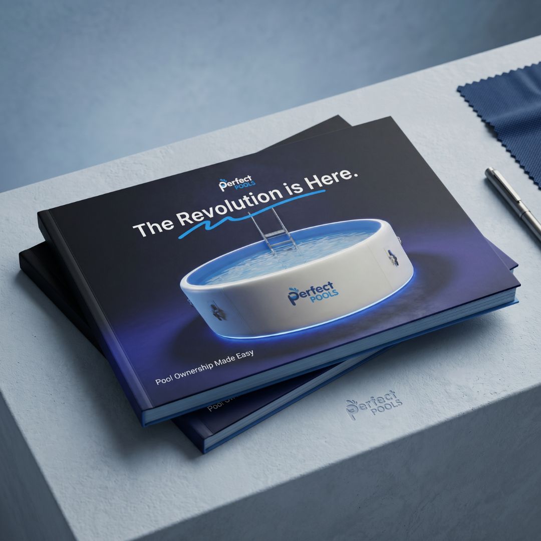 Perfect Pools 2026 product catalogs stacked on a table, featuring a white round pool and “The Revolution is Here” on the cover.